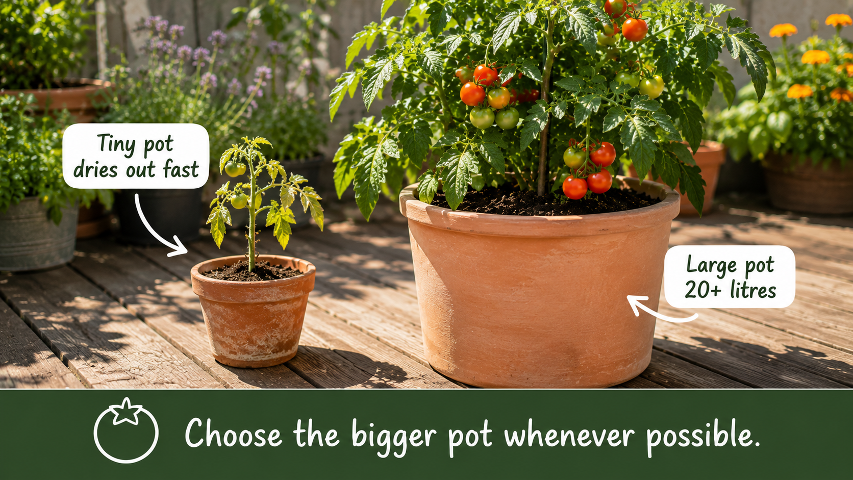 Two tomato plants comparing a tiny pot with a large pot for better tomato growth