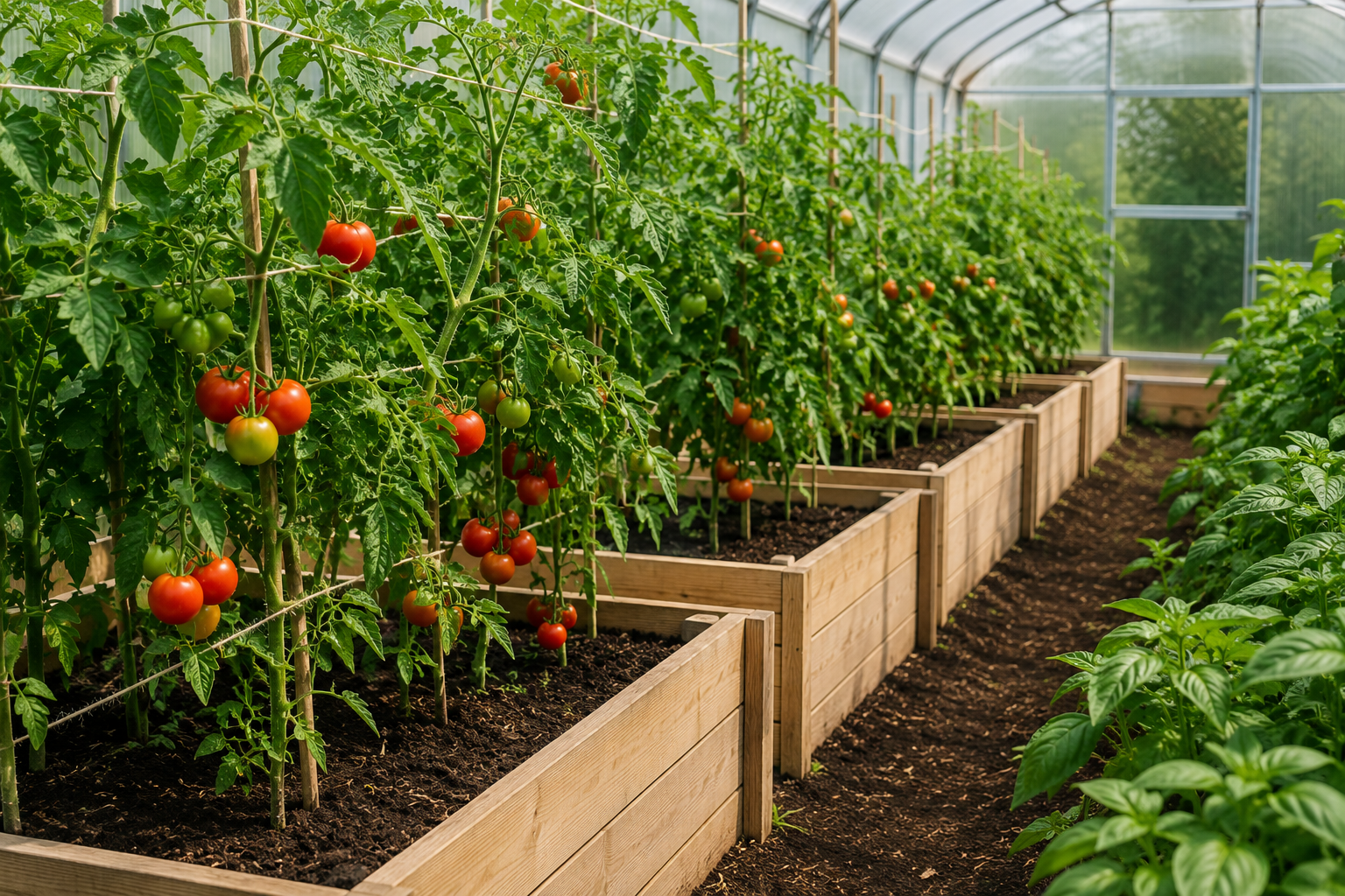 Tomatoes growing in raised beds