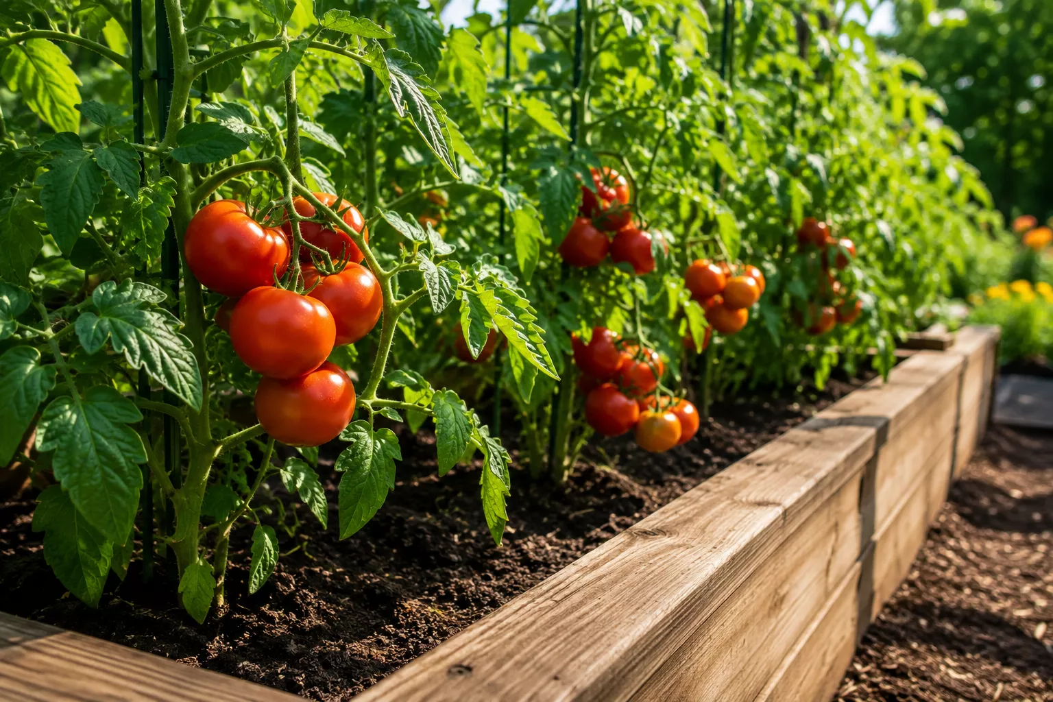Healthy tomato plants growing in a wooden raised bed garden with ripe red tomatoes