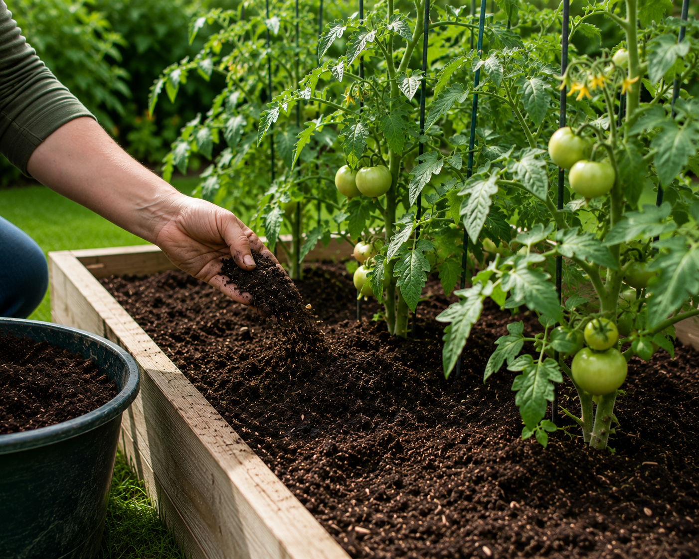 Gardener feeding tomato plants in a raised bed.