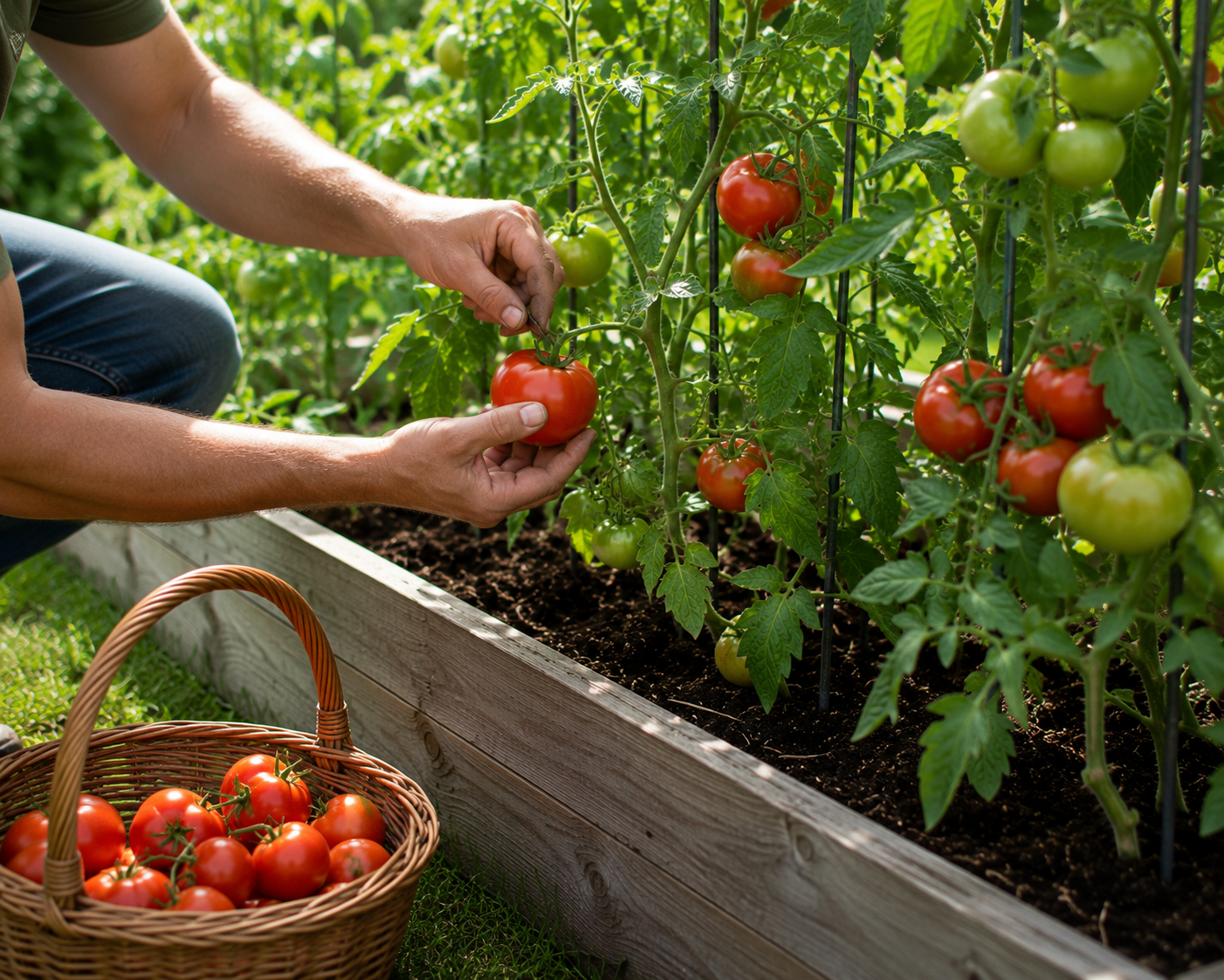 Gardener harvesting ripe tomatoes from a raised bed.