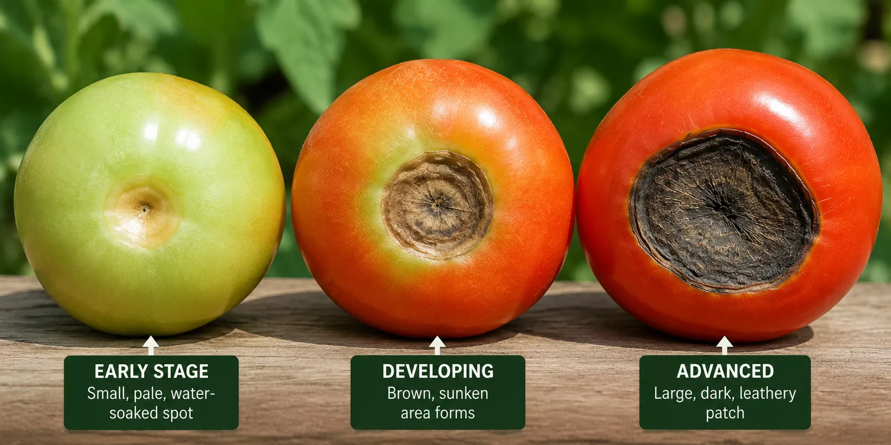 Three tomatoes showing early and advanced stages of blossom end rot