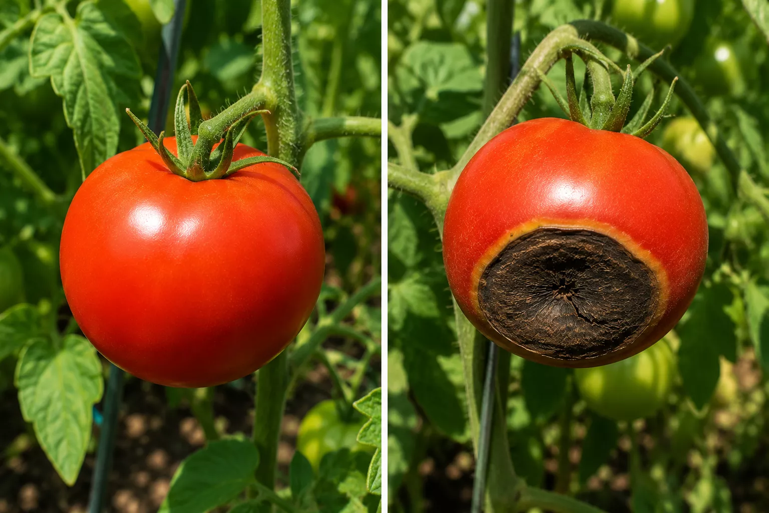 Healthy tomato compared with tomato affected by blossom end rot