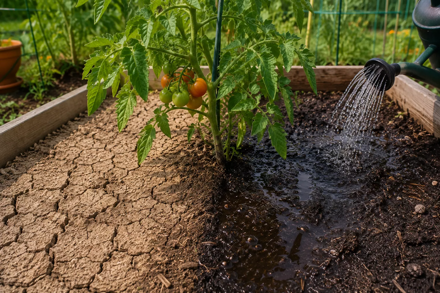 Tomato plant showing dry soil and wet soil to explain inconsistent watering