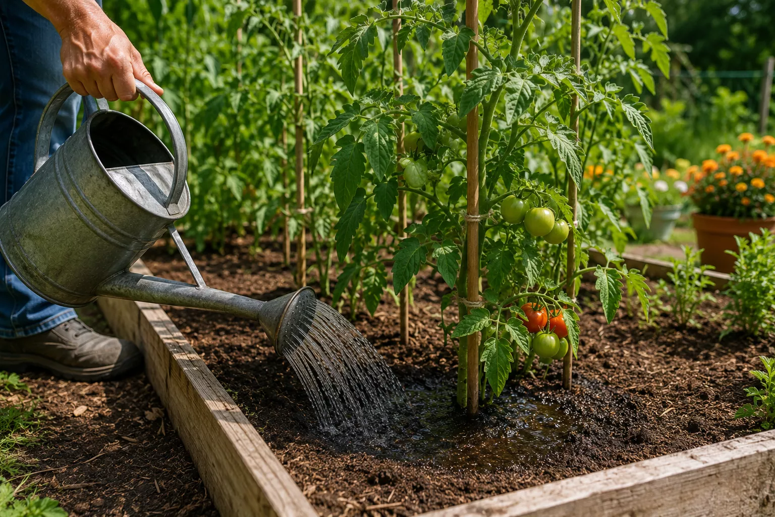 Gardener watering tomato plants deeply at the base of the plant