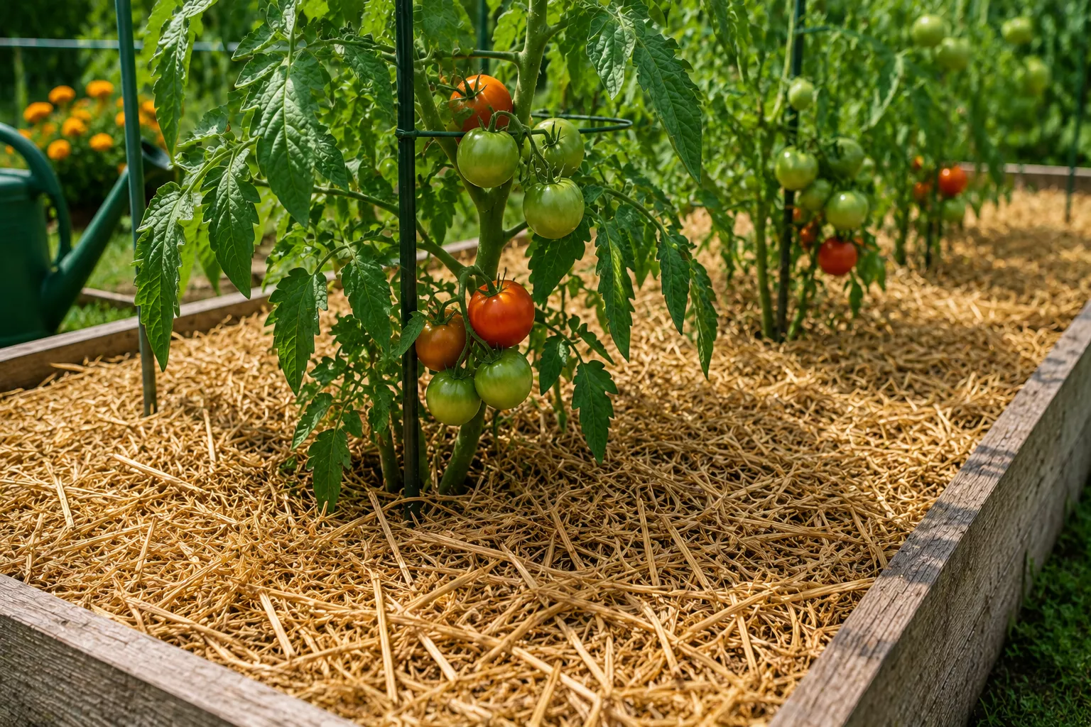 Tomato plants with straw mulch around the base to keep soil moisture stable