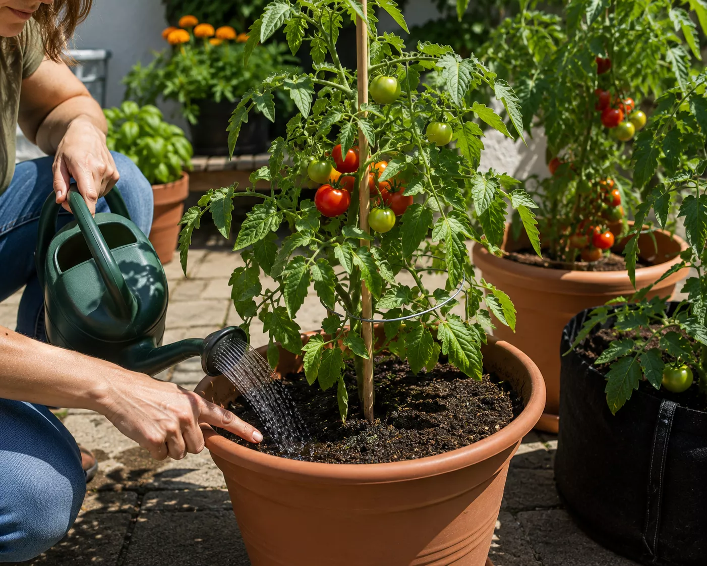 Checking soil moisture in a potted tomato plant to prevent blossom end rot