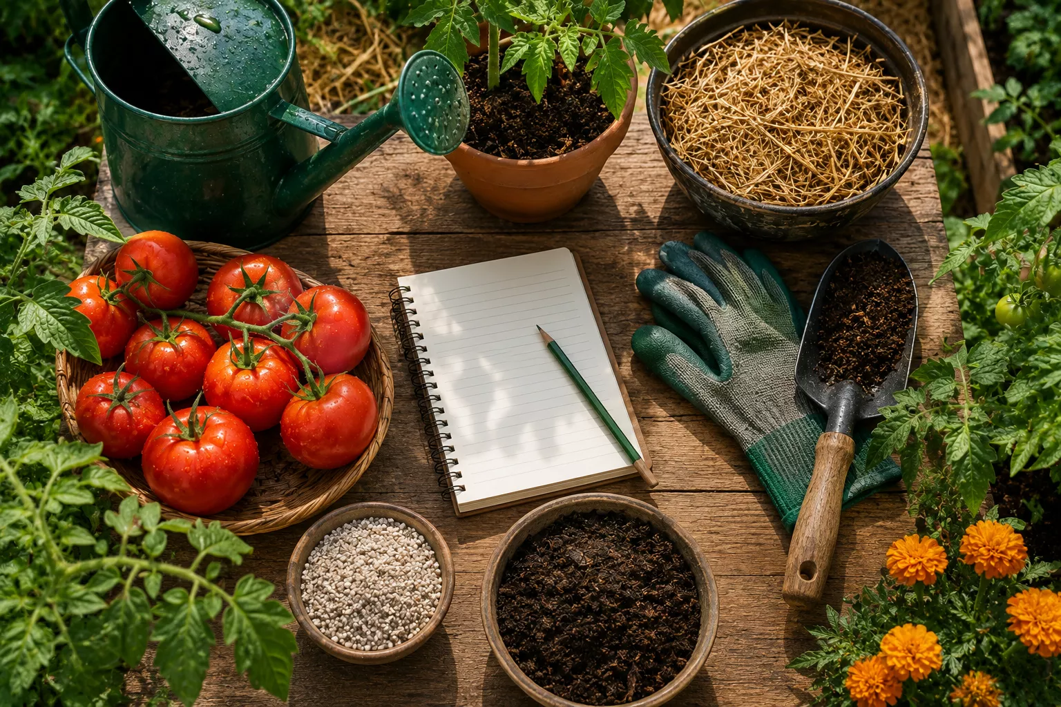 Garden tools, tomatoes, mulch and watering can representing blossom end rot prevention