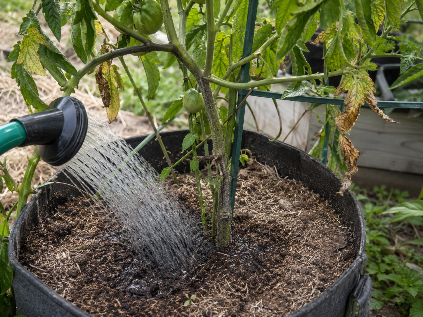 Container tomato plant being watered deeply after the soil has become dry