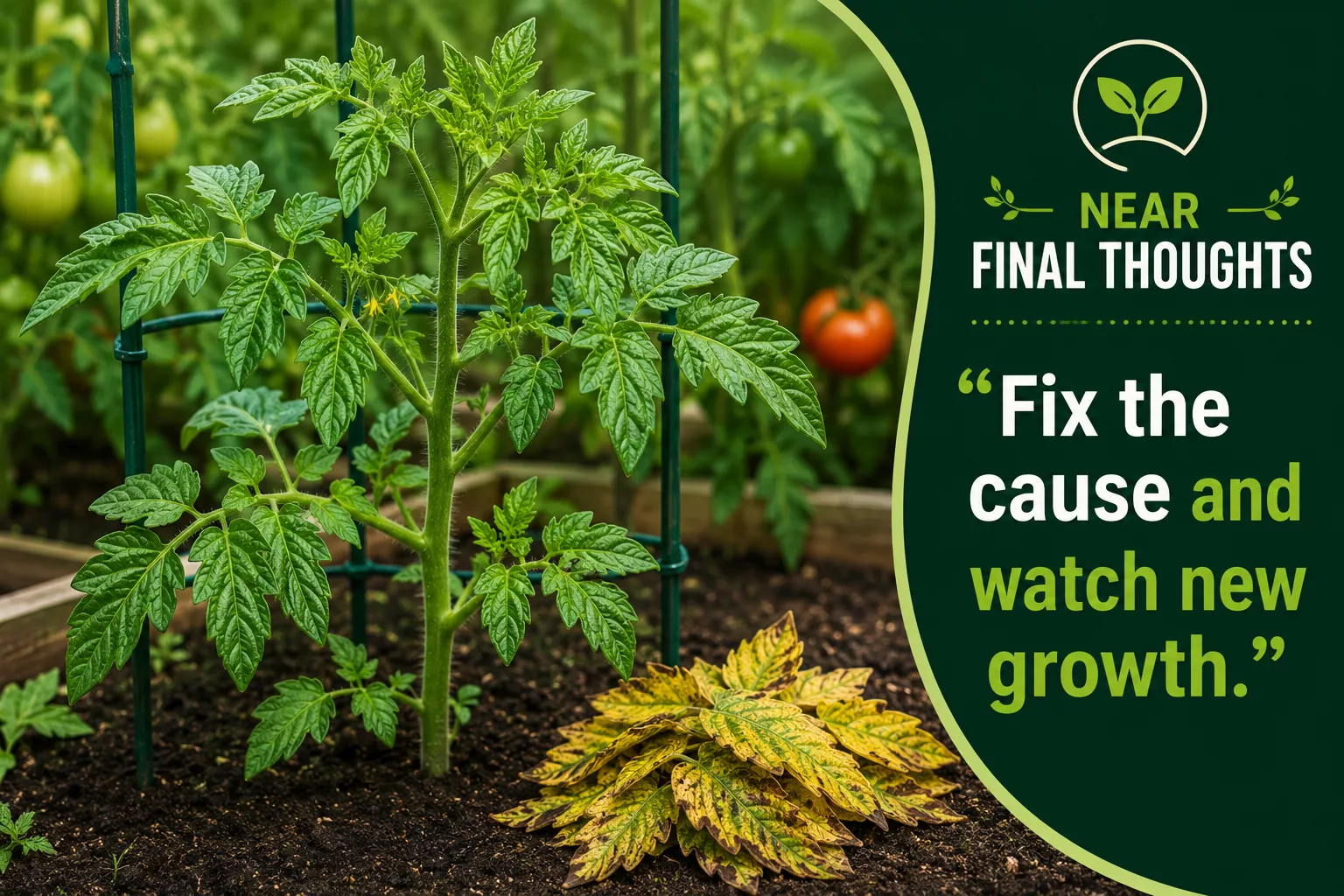 Recovering tomato plant with healthy green new growth and removed yellow leaves in a small pile