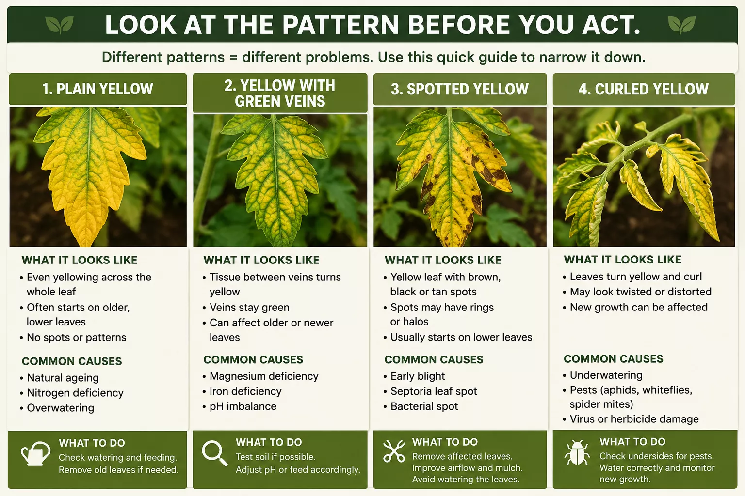 Visual diagnosis chart showing four tomato leaf yellowing patterns including plain yellow, yellow with green veins, spotted yellow and curled yellow