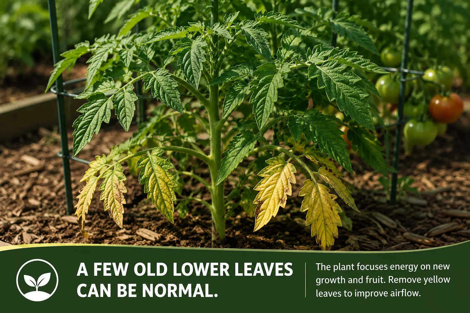 Healthy tomato plant with only the old lower leaves turning yellow while the top growth remains green and strong