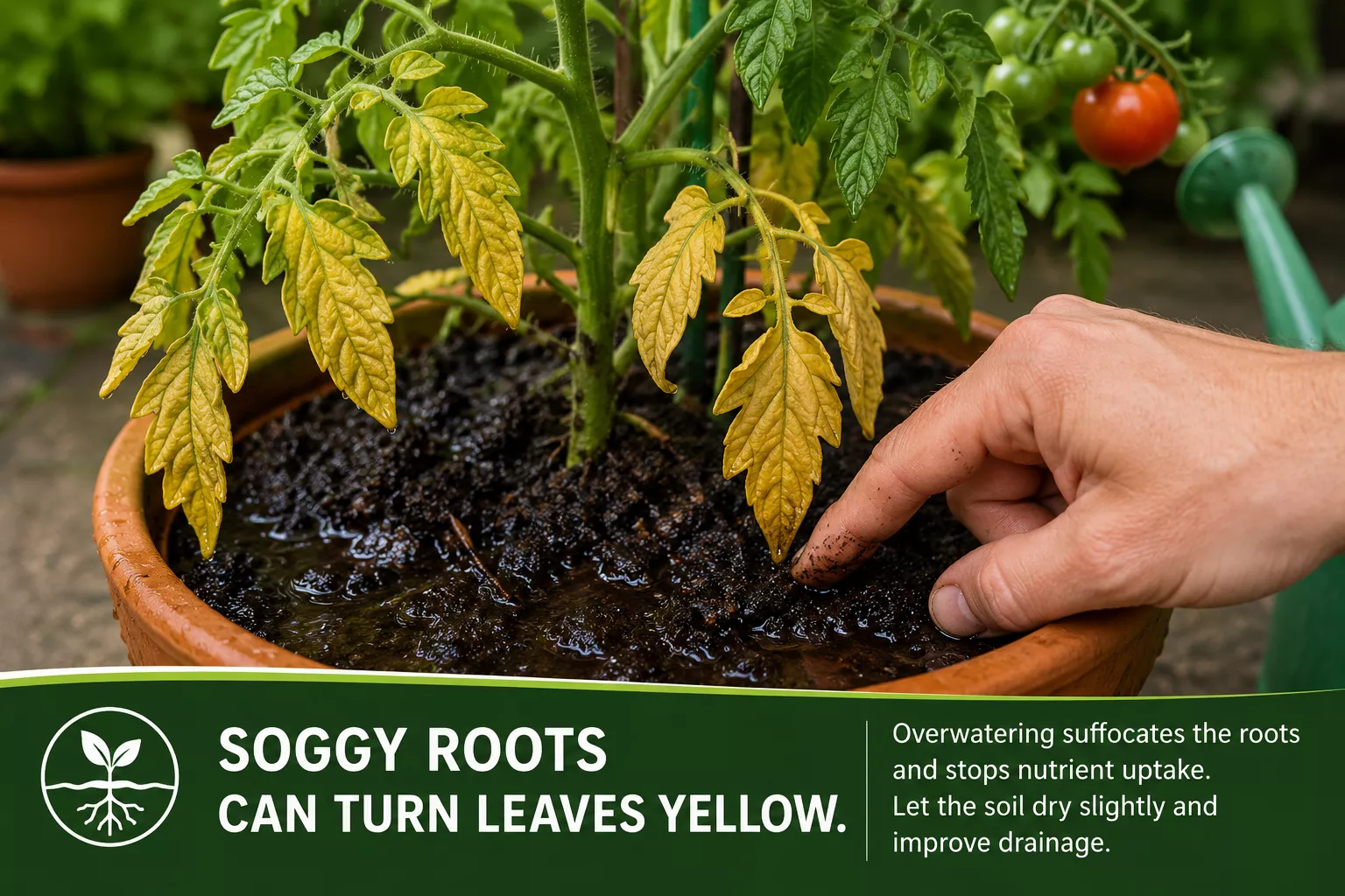 Potted tomato plant in soggy soil with yellow drooping leaves showing overwatering problems