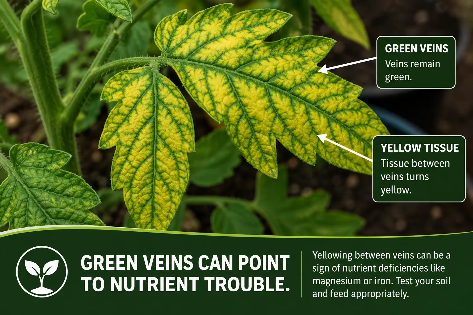 Tomato leaf close-up with yellow tissue between green veins showing a possible nutrient deficiency