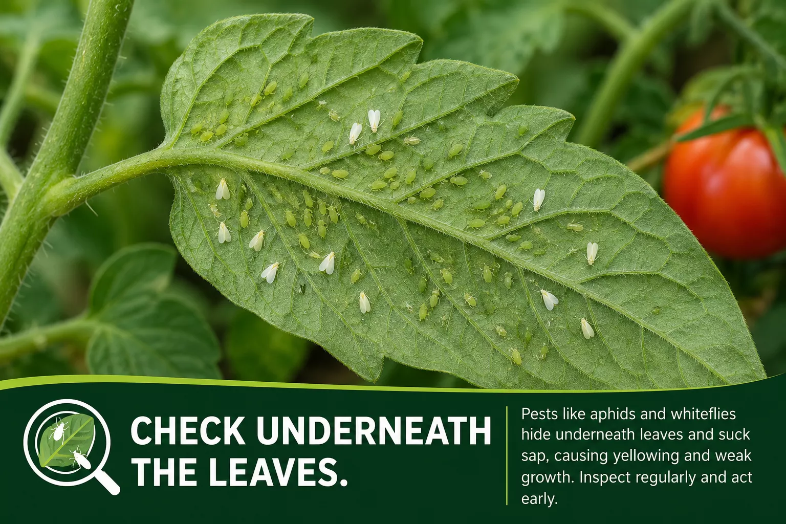 Underside of a tomato leaf showing aphids and whiteflies clearly for pest identification