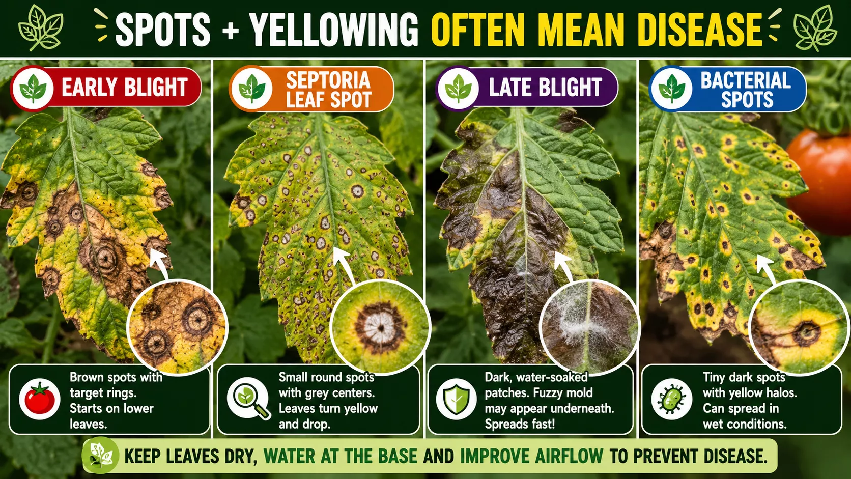 Four-panel tomato disease guide showing early blight, Septoria leaf spot, late blight and bacterial spots