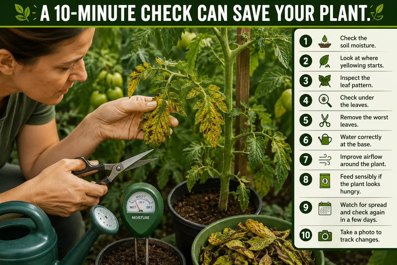 Gardener inspecting yellow tomato leaves with scissors, watering can and moisture check tools for a simple tomato plant health check