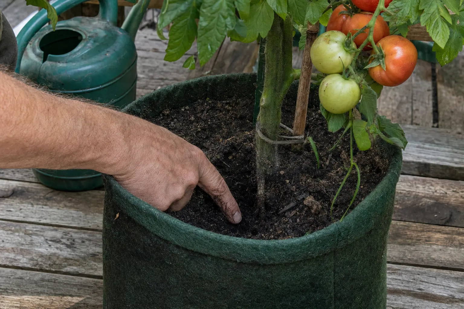 A hand checking compost moisture 5–10cm down near a tomato plant.