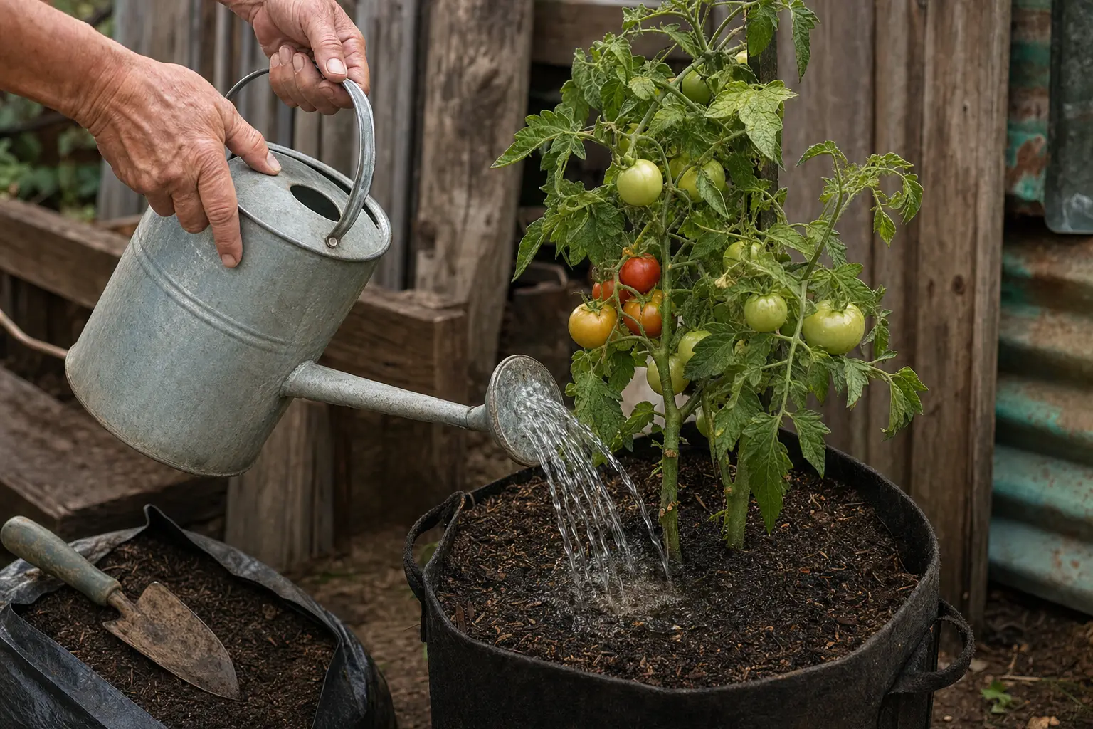 Watering a tomato root zone slowly with water directed at the soil base.