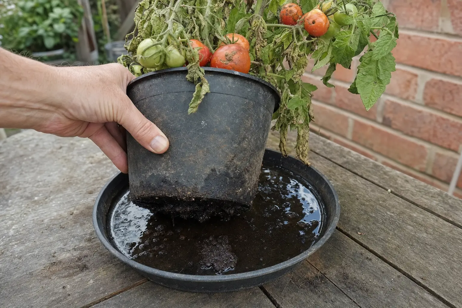 A tomato pot sitting in a saucer with damp compost suggesting poor drainage.