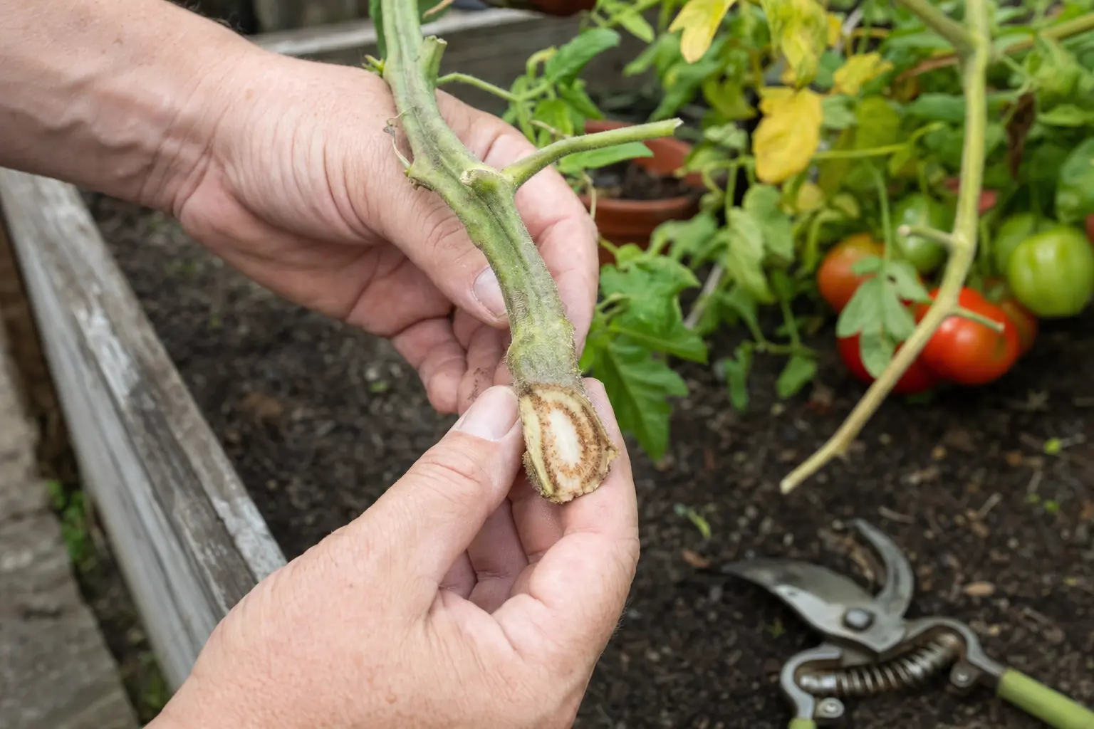 Cut lower tomato stem base showing brown vascular streaking consistent with Fusarium wilt.