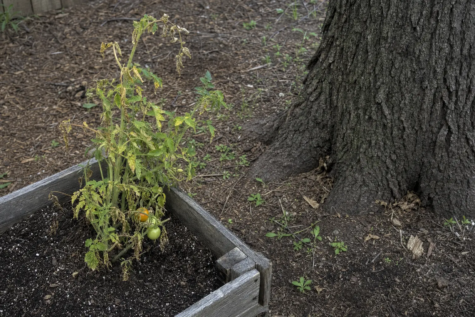Tomato plant wilting near a black walnut tree area in a home garden.