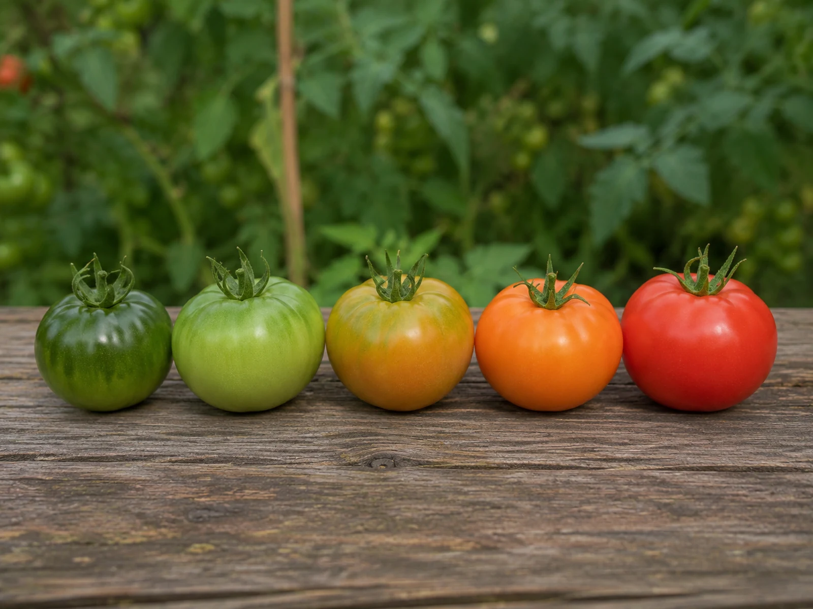 Tomatoes shown at different stages from green to fully ripe