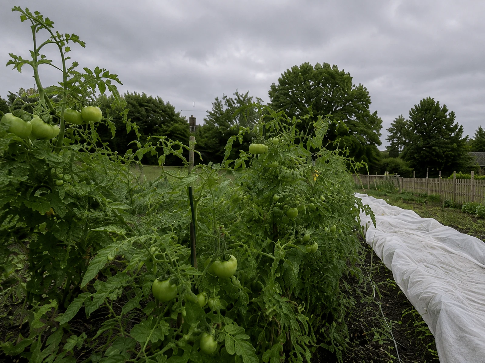 Green tomatoes ripening slowly during cool overcast weather