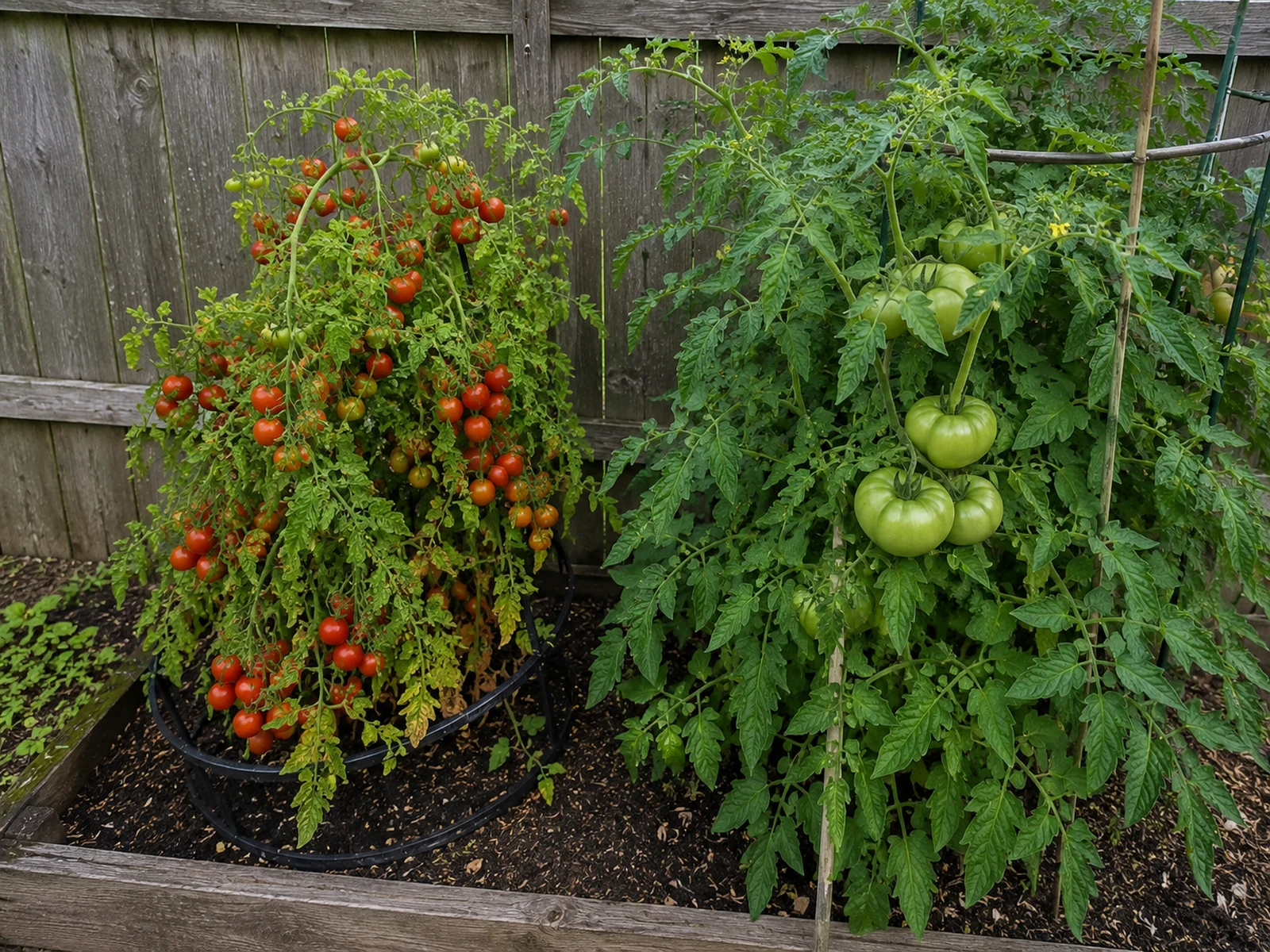 Ripe cherry tomatoes beside slower-ripening green beefsteak tomatoes