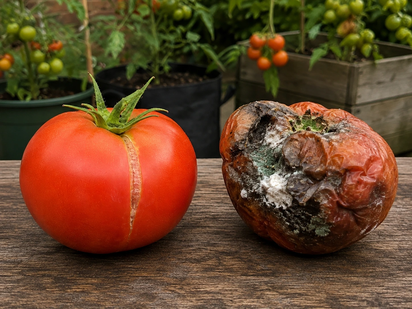 Comparison between a fresh split tomato and a rotten damaged tomato