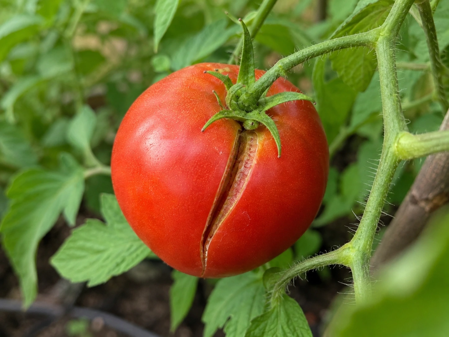 Radial crack running from the stem down the side of a tomato