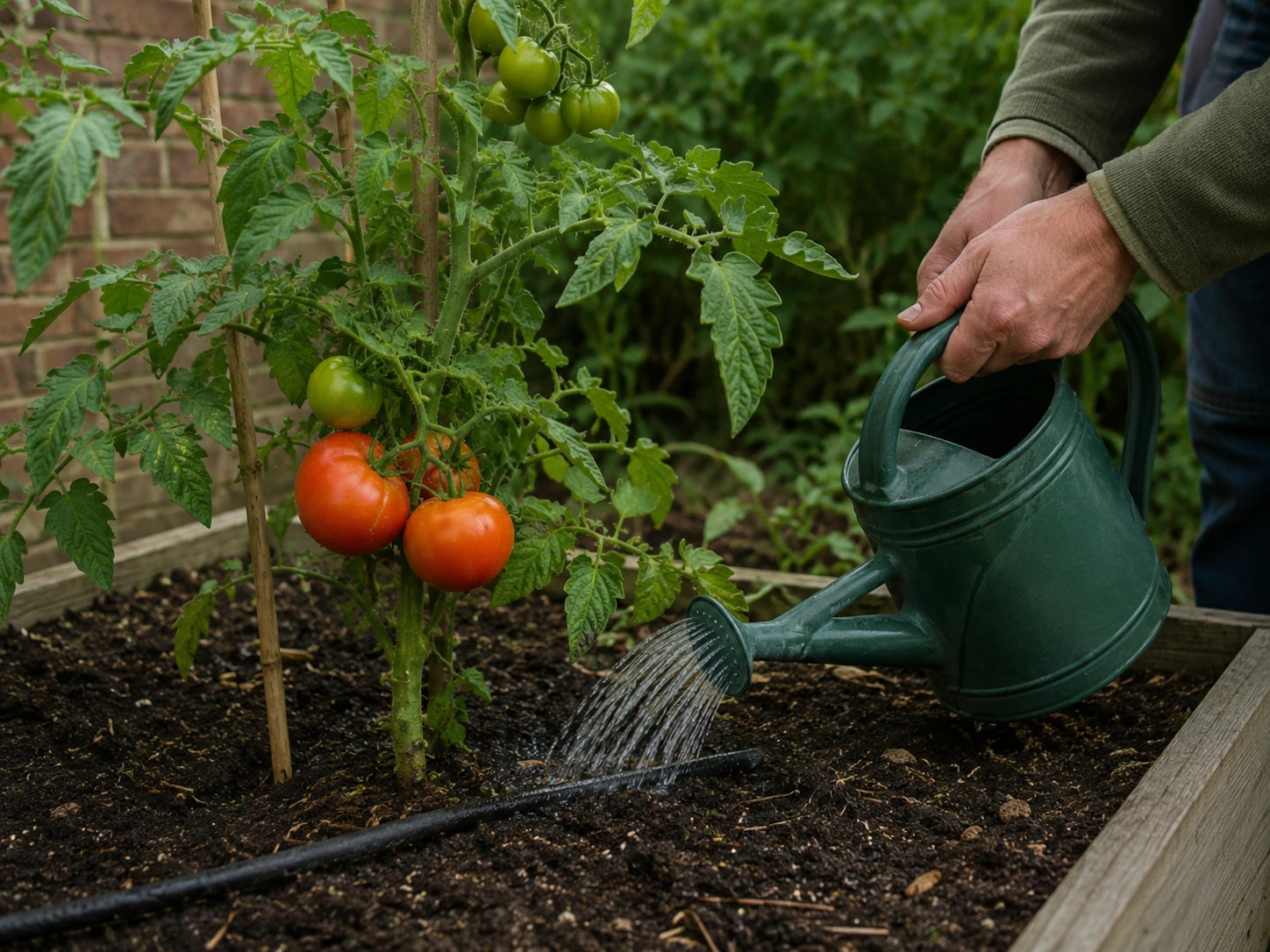 Tomato plant being watered slowly at the base