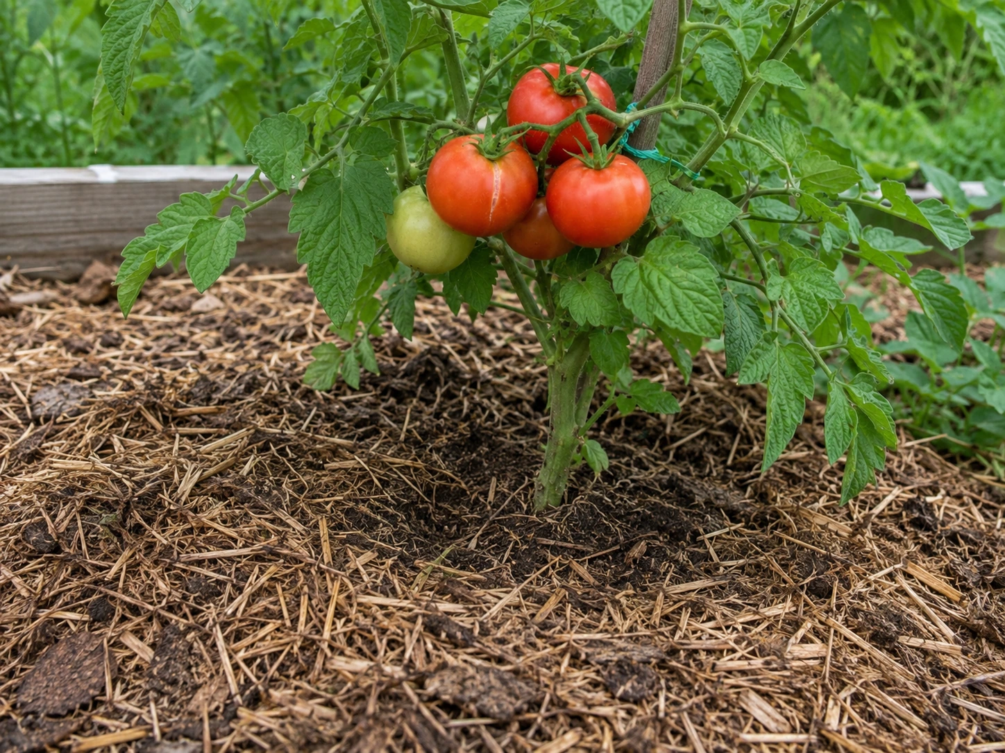 Organic mulch around a tomato plant to keep soil moisture even