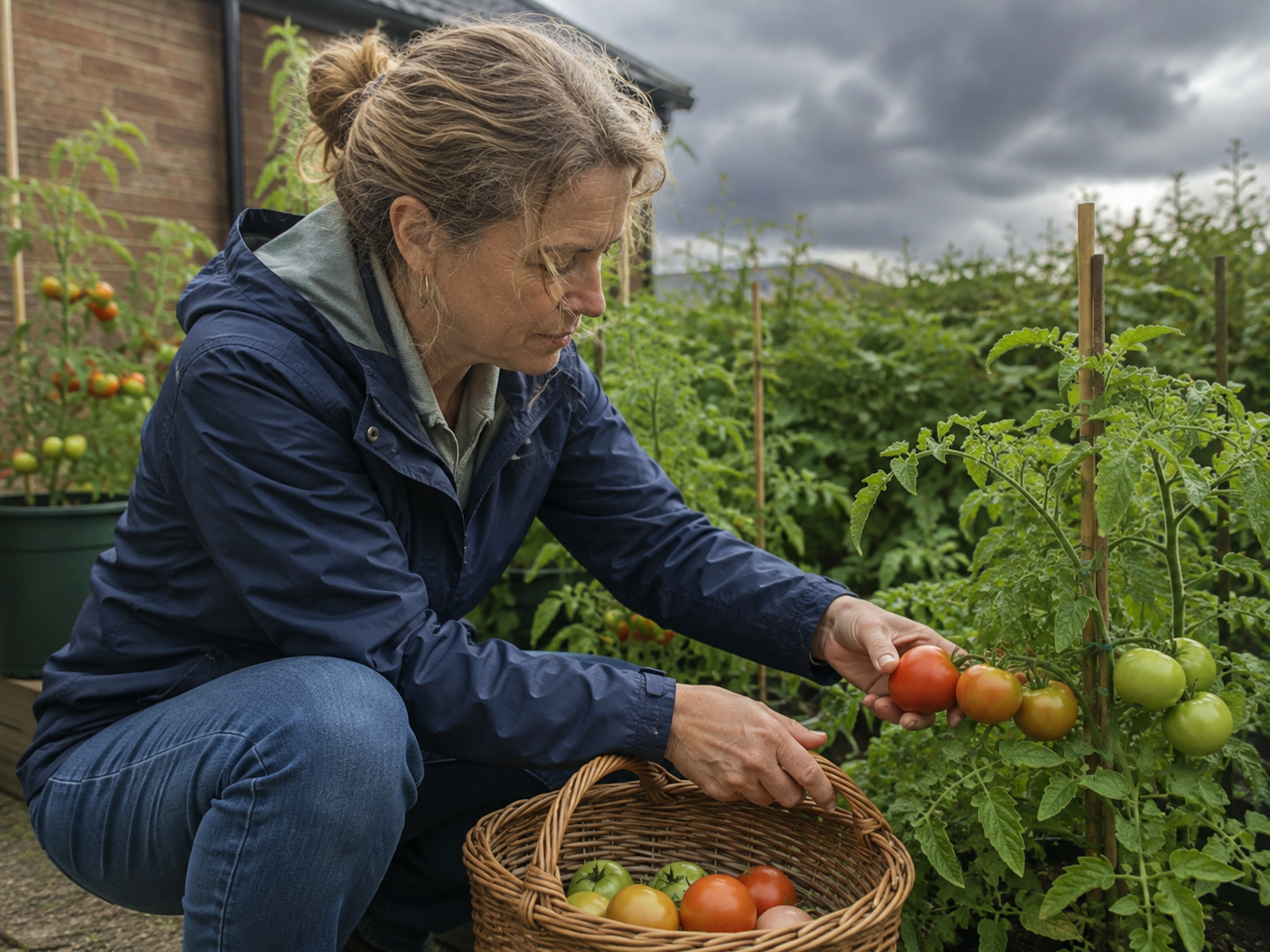 Partly ripe tomatoes being picked before heavy rain