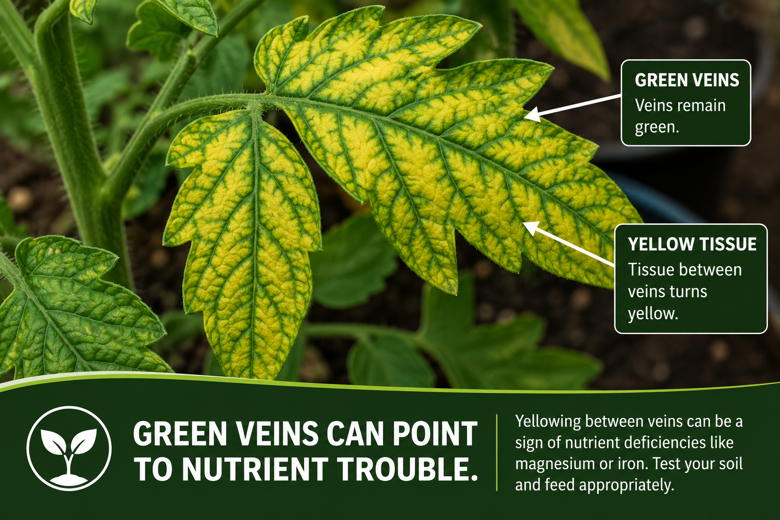 Tomato leaf close-up with yellow tissue between green veins showing a possible nutrient deficiency